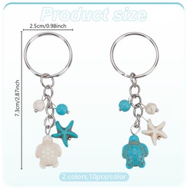 HOBBIESAY 20Pcs 2 Colors Small Sea Turtle Keychain 73mm Cute Turquoise Keychain Charms Mini Lucky Sea Star Key Chain Sea Animal Charms for Keychain Decoration