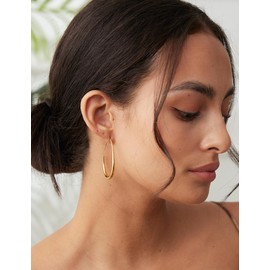 2Pairs Lightweight Teardrop Hoop Earrings for Women - 18k Gold Plated Large Small Size Oval Pull Through Hoop Earrings Teen Gift High Polished Statement Jewelry for Women