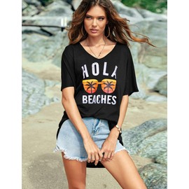 AI'MAGE Women's Beach Dress Bikini Cover Up Summer Beach Poncho Swimwear V-Neck Beach Loose Cover Up Shirt with Print, Black (black B)