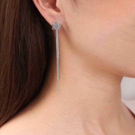 Jugielu Boho Crystal Snowflake Chain Dangle Earrings Snowflake Tassel Chain Drop Earrings Silver Long Tassel Chain Earrings CZ Snowflake Stud Earrings Rhinestone Tassel Earrings Jewelry for Women