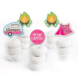 Let's Go Glamping – Decoración para cupcakes de postre – Campamento Glamp fiesta o fiesta de cumpleaños palillos transparentes – Juego de 24