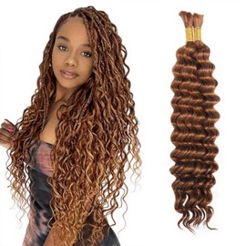 Kameinike Brown Deep Wave Bulk Human Hair for Boho Braids, 2 Bundles/Pack 100g No Weft 12A Curly for Human Braiding Hair Extensions（22 Inch，#30）