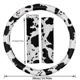 AUTOXBERT 3Pcs Cow Print Steering Wheel Cover Set 15Inch Wheel Protector and 2 Pack Seat Belt Shoulder Pad Non Slip Car Interior Decorations