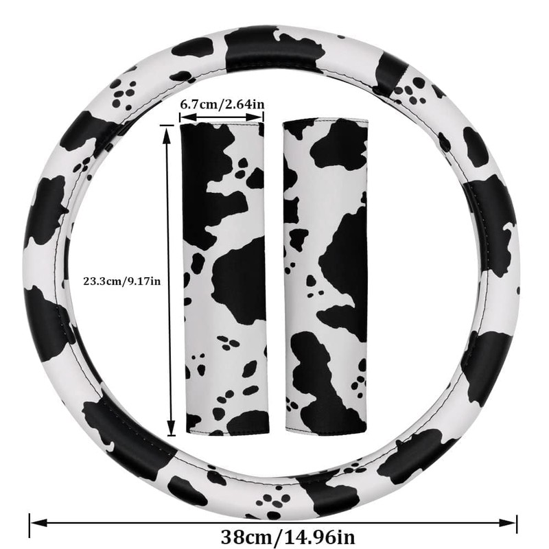 AUTOXBERT 3Pcs Cow Print Steering Wheel Cover Set 15Inch Wheel