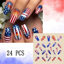 24Pcs American Flag Fireworks Press on Nails Medium Square 4th of July Fake Nails Patriotic French Tips Design False Nails Full Cover Stick on Nails Independence Day Nails for Women Nail Decoration
