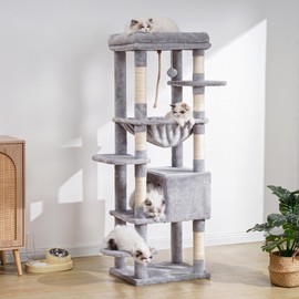 Heybly Cat Tree for Large Cats 20 lbs Heavy Duty,60 inches XXL Cat Tower for Indoor Cats,Multi-Level Furniture Condo with Big Padded Plush Perch,Cozy Basket HCT050W