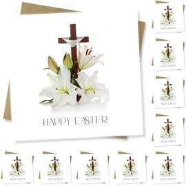 Punkcards - Share a Message of Hope and Renewal, Pack of 10 Religious Easter Cards with Cross & Lily Design