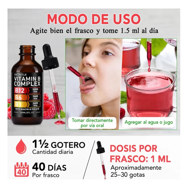 Montue Complejo De Vitamina B Líquido Con B12, B6, B1,
