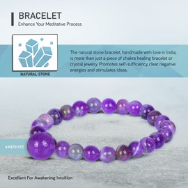 FASHIONZAADI Amethyst Bracelet – Healing Crystal Bracelet for Women, Men, and Teens – 8mm Round Beaded Bracelets – Bring, Good Luck, Wealth, Prosperity – Unisex Stretch Gemstone Protection Bracelet