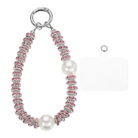 sourcing map Beaded Phone Wrist Strap, Phone Charm with Tether Tab, Anti-loss Hands-Free Rhinestones Pearl Cellphone Chain Wristlet for Women Girls, Pink