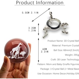 HDCRYSTALGIFTS 60mm 3D Laser Engraved Mom and Baby Giraffes Crystal Ball Paperweight Art Glass Animals Figurine Collectibles Glass Decorative Full Sphere with Stand Giraffe Gifts