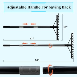 Heavy Duty Bow Rake with Stainless Steel Handle for Farming Land Management Leaf Gathering Durable Ergonomic Garden Tool with 16 Tine Head 63 Inch Assemble Long Shaft Suitable for Large Areas