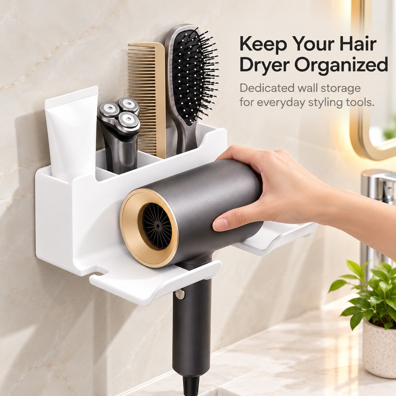 Wall-Mounted Hair Dryer Holder for Bathroom Organization – No-Drill Plastic