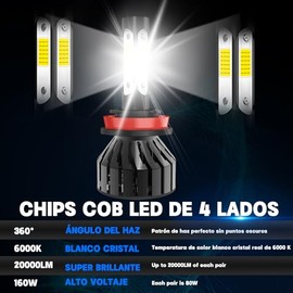 Focos LED H11 H8 H9 Kit de Conversión 20000LM 160W 300% Brillo, 2 Piezas | 6000K Luz Blanca, 4 Caras Chip COB, Canbus, Faros H11 LED Alta o Baja Bombi