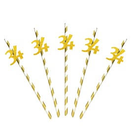 Gold Happy 34th Birthday Paper Straws, Number 34 Cut Outs Straw Decor, Cheers to Thirty Four Years Old Birthday Paper Straws, 34th Anniversary Party Drinking Decorative Supplies - 24pcs