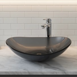 Dark Gray Glass Bowl Sink Oval Glossy Above Counter Bathroom Minimalist Design NO HOLE Faucet MountWarehouse: LA01