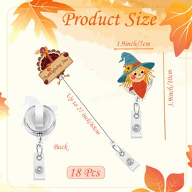 18 Pcs Thanksgiving Fall Holiday Badge Reels Autumn Felt Retractable Holder Maple Leaf Pumpkin Turkey Name ID Badge Reel with Clip for Thanksgiving Nurse Doctor Teacher Holiday Favors