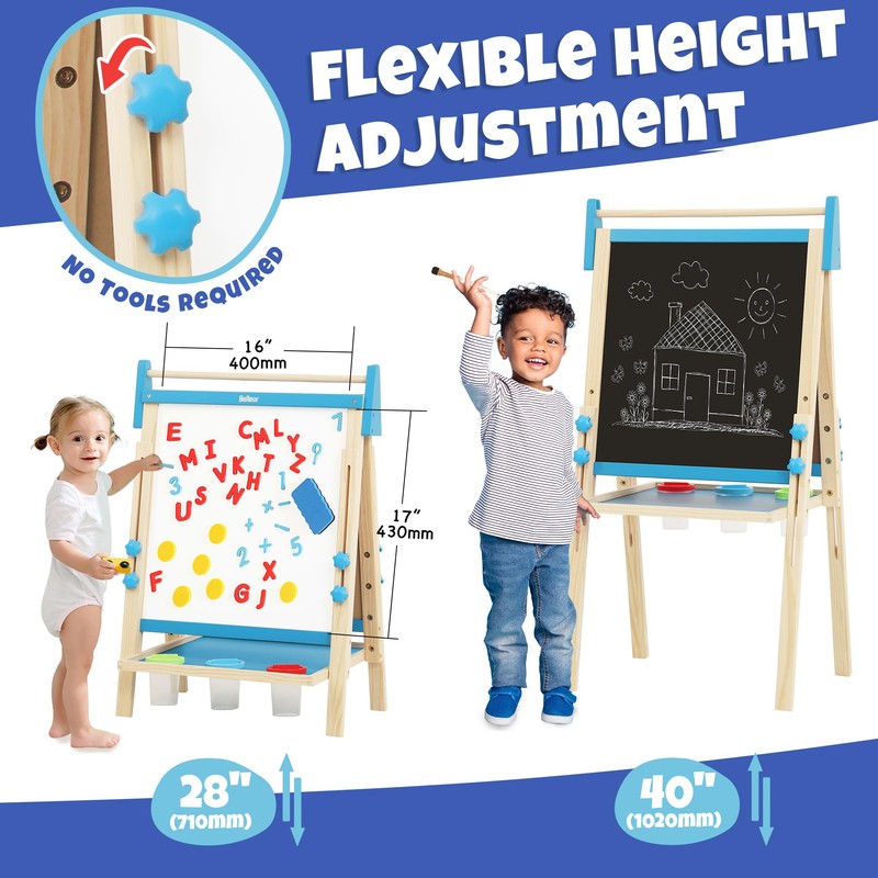 Belleur Wooden Art Easel for Kids 2+, Adjustable Double Sided