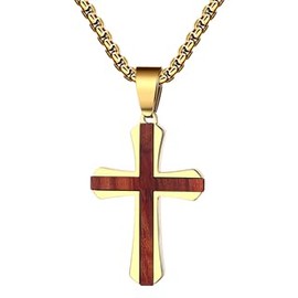 Flongo Wooden Cross Necklace for Men: Mahogany & Ebony Cross Pendant Men's Wooden Cross Pendant Necklace with Gold Stainless Steel Adjustable Box Chain Religious Christian Jewellery Gift, Stainless