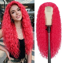 Curly Wig for Women, Hot Pink Wig, 26 inch, Synthetic Long Curly Wigs