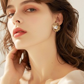 Frigotine Chunky Gold Flower Leaf Pearl Stud Earrings for Women, Large Vintage Trendy Statement Floral Earing Prom Fashion Jewelry Gift