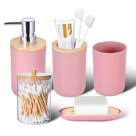 iMucci Bathroom Accessories Set 5Piece Plastic Bathroom Decor Sets Accessories, Toothbrush Holder, Toothbrush Cup, soap Dispenser, soap Dish(Pink Bamboo Cover)