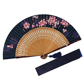 Fashionable kimono Iroha Flower Light Fan, Fan Bag Set, Navy Blue, Parent Pearl Dyed Bone, Painted Processing, Paulownia Box Included, Pink, Pink