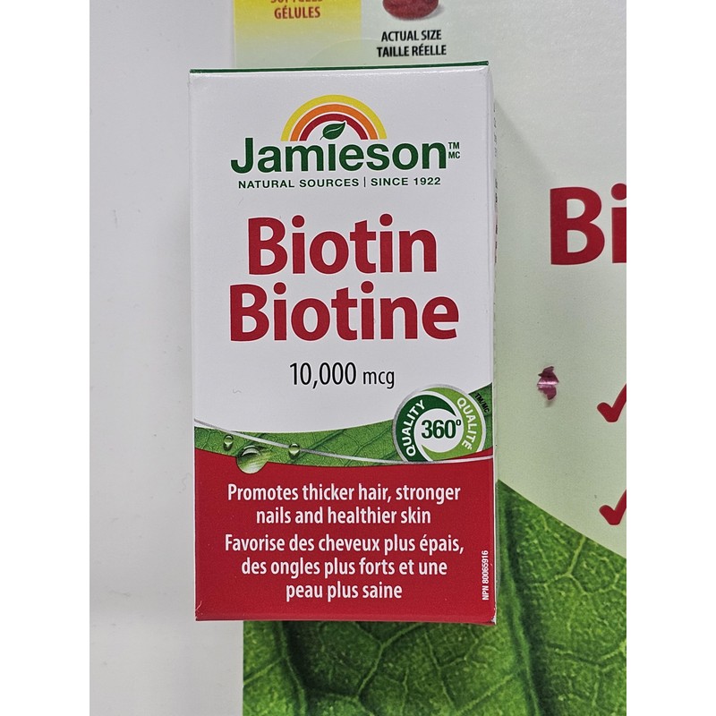 Jamieson Biotin 10,000mcg, Promotes Thicker Hair, Stronger Nails, and Healthier