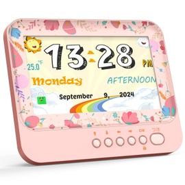 7 inch Kids Alarm Cock Sleep Training Clock,Digital Clock with Stopwatch and Timer,19 Reminders & 15 Alarms, Auto DST,Birthday Gift Room Decor for Girls Boys (Pink)