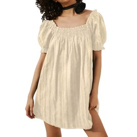 Loafawes Summer Cute Dresses for Women Square Neck Flowy Dress Spring Trendy Puff Sleeve Short Sundresses for Beach Beige