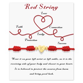 GolbalJew Red String Bracelet for Women Adjustable Gold Heart Initial Bracelets Red Cord Bracelet for Protection and Good Luck, Birthday Christmas Gift, K