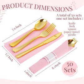 Lasnten 200 Pcs Baby Gender Reveal Party Supplies for 50 Guest Pre Rolled Plastic Silverware Set Include Pink and Blue Napkins Knives Spoons and Forks for Baby Shower Gender Reveal(Pink)