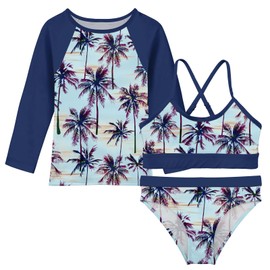 Swimsuit for Girls 12 13 Bikini Blue Bathing Suits for Youth Palm Trees Size 12-13 Rashguard Tankini Big Girl Beach Suit for Teen 3 Pieces Beachwear Cover Up Rash Guard 3D Printed Swimwear UPF50+
