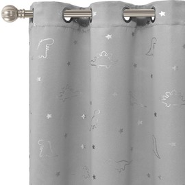 LORDTEX Dinosaur and Star Foil Print Blackout Curtains for Kids Room - Thermal Insulated Curtains Noise Reducing Window Drapes for Boys and Girls Bedroom, 42 x 63 Inch, Light Grey, Set of 2 Panels
