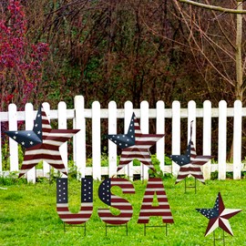 Metal Barn Stars Garden Stake Hanging Star Ornament American Flag Yard Sign USA Lawn Decoration Indoor Outdoor Patriotic Decor for July 4th Independence Day Memorial Day Party (USA+22"+16.5"+12"-A+B)