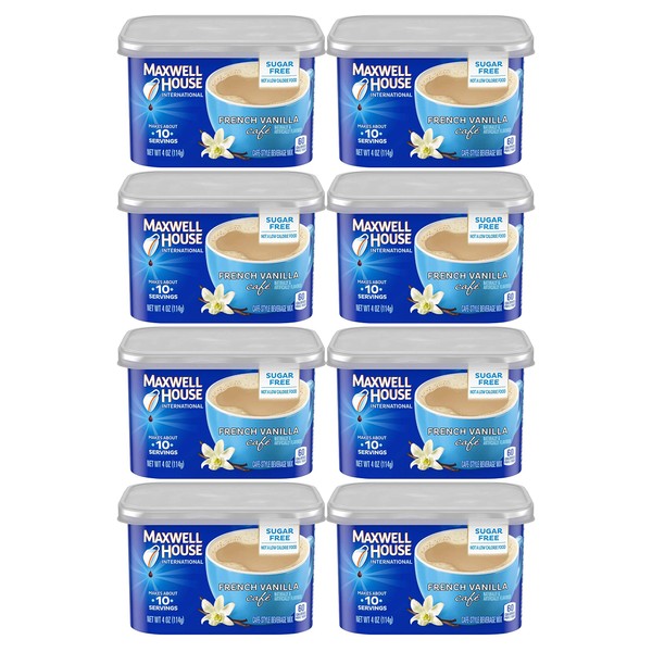 Maxwell House International Sugar Free French Vanilla Cafe Instant Coffee, Caffeinated, 4 Oz Can (Pack-8)