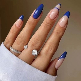 BABALAL Almond Press on Nails Medium Length Fake Nails Nude Glossy Acrylic Nails Blue French Glue on Nails 24Pcs Stiletto Artificial Nails