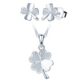 CPSLOVE Elegant Women's Clover Chain Pendant Clover Earrings 925 Silver Four-Leaf Jewellery Sets Fashion Zircon Necklace and Earrings Stud Earrings for Girls, Sterling Silver, Zircon gemstone.