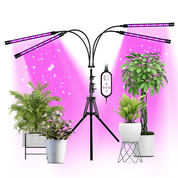 iPower 4-Head 80 LED Full Spectrum Grow Light with Adjustable 11-63.5Inch Tripod Stand for Indoor Plants, ON/Off Cycle Timer 4H/8H/12H, 10 Dimmable Levels