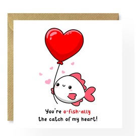 Valentine's Day Card, punny fish card, officially you're the catch of my heart,card for him, for her, for boyfriend, girlfriend, wife, husband,