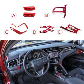 Xotic Tech Set Glossy Red Console Stripe Passenger Dash Side Left AC Vent Handle Bowl Gear Panel w/Heater Buttons Accessories Cover Trim Combo Kit, Compatible with Toyota Camry XLE XSE Hybrid 2018-up