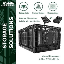 JEZERO Large Collapsible Plastic Storage Crate – Stackable Utility Bin with Folding Walls for Garage, Closet, Car Trunk, and Home Organization | Black, 24" x 16" x 11"