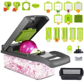 Cortador de Verduras 22 en 1, Picadora de Verduras con 12 Cuchillas de Acero Inoxidable, Picadora de Verduras Multifuncional, Multifuncional Vegetable Slicer Cutter para Verduras Fruta y Queso (Gris)