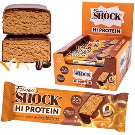 FitnesSHOCK Proteinriegel Set mit hohem 30% 12g Proteingehalt Eiweißriegel ohne Zuckerzusatz mit 5g Kollagen low carb ballaststoffreich kalorienarm Bumble Coffee Geschmack 12Stk 40g