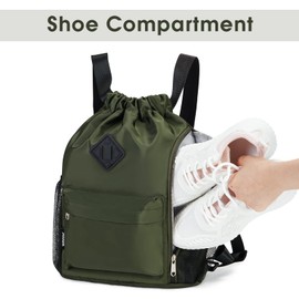 WANDF Drawstring Backpack Sports Gym Bag with Shoes Compartment, Water-Resistant String Backpack Cinch for Women Men (Dark Green,Medium)