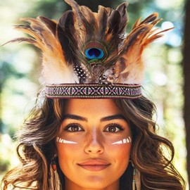 GORTIN Indian Headdress Peacock Feather Headband Native American Headpiece Carnival Costume Hair Accessories for Women (Brown, Free size)