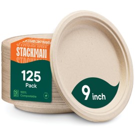 Stack Man 100% Compostable Paper Plates, Heavy Duty Disposable Plates [125-Pack] 9 Inch Plates - Eco-Friendly, Biodegradable Sugarcane Bagasse, Natural Unbleached Brown 9" Dinner Paper Plate Disposable