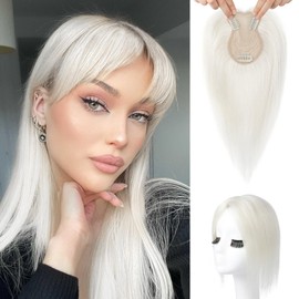 Flufymooz Topper in 100% veri capelli umani da donna, 25,4 cm, con clip in capelli veri, per diradare i capelli, copertura 3D a 360°, capelli naturali con base in seta 11,4 x 7,6 cm, biondo bianco