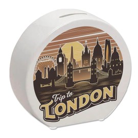 Trip to London - London Cityscape Money Box - Retro Design with England Landmarks such as Big Ben Tower