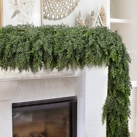 9FT Thick Christmas Garland with 240 Cedar Branches, Real Touch Green Cedar Garland for Christmas Decorations, Artificial Greenery Garland for Table, Mantle, Wall, Indoor, Outdoor Holiday Decor